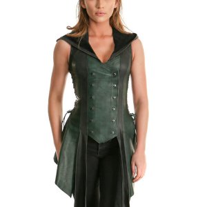 Riding hood leather dress with split tails